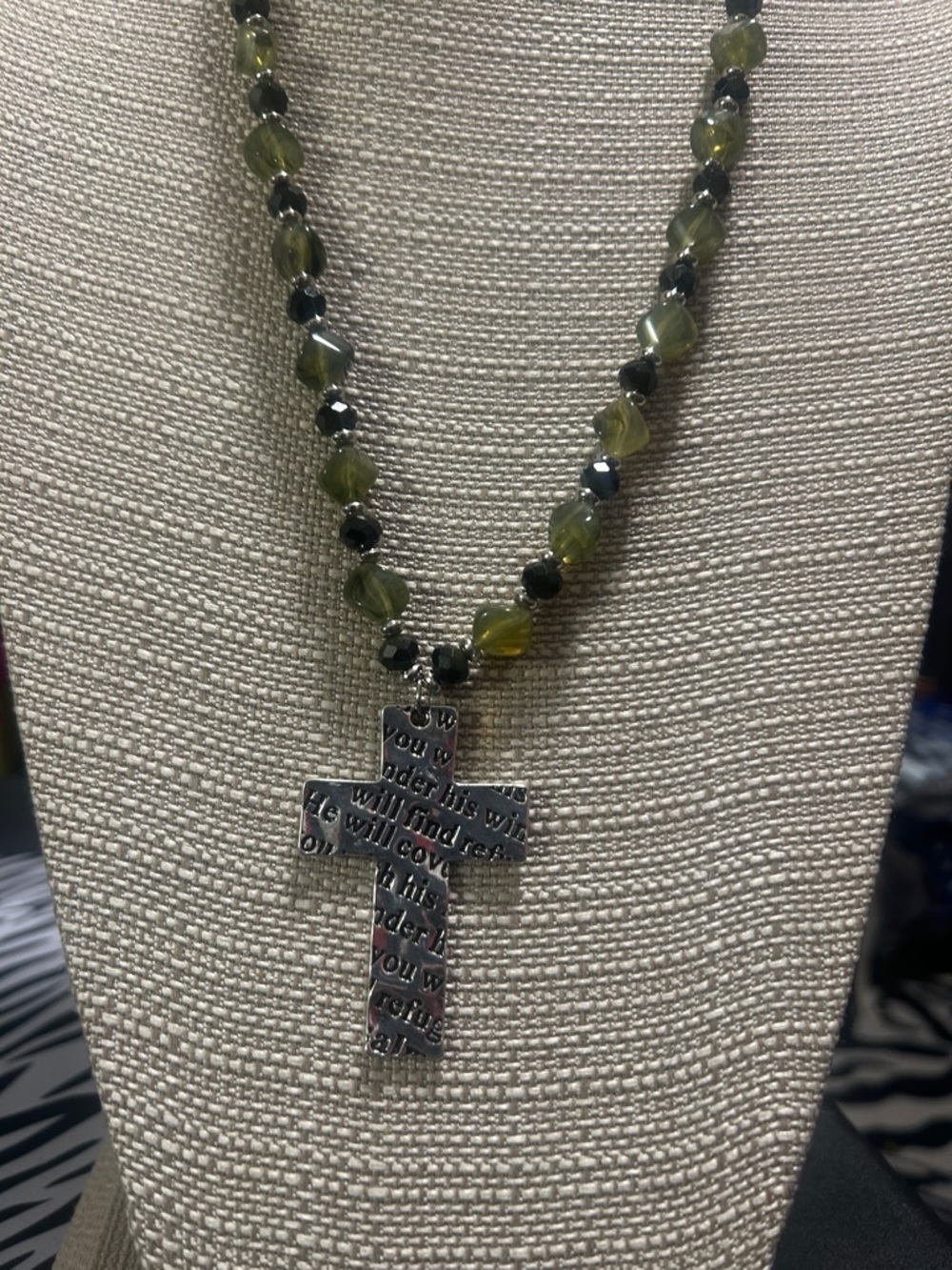Green Bead Cross Necklace - NWOT